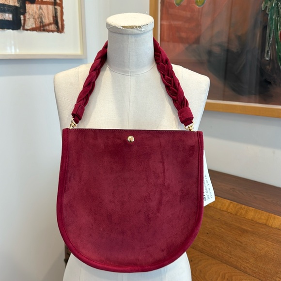 ahdorned U Shaped Braided Strap Suede Bag - Burgundy - Picture 1 of 4